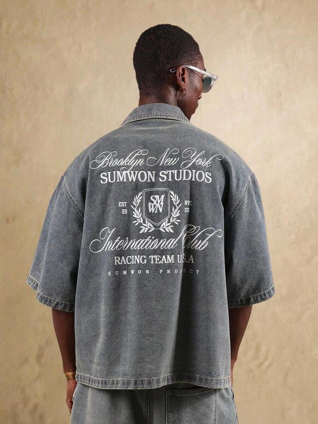 dark blue oversized denim shirt with back graphic print