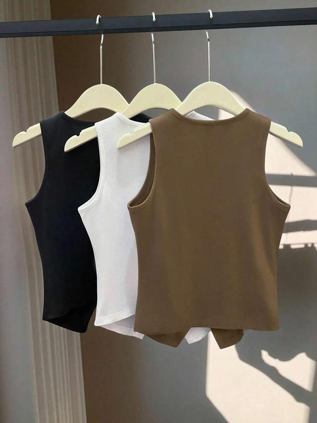 brown round neck sleeveless button front tank top