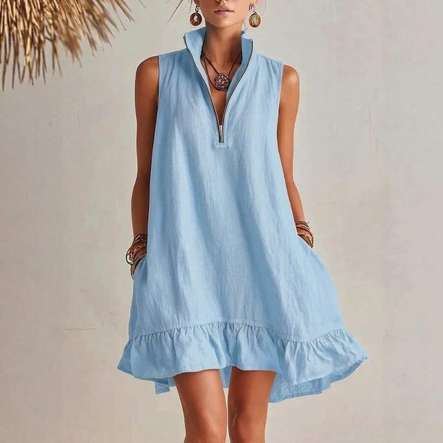 light blue linen-blend sleeveless mini dress with half-zip ruffle hem