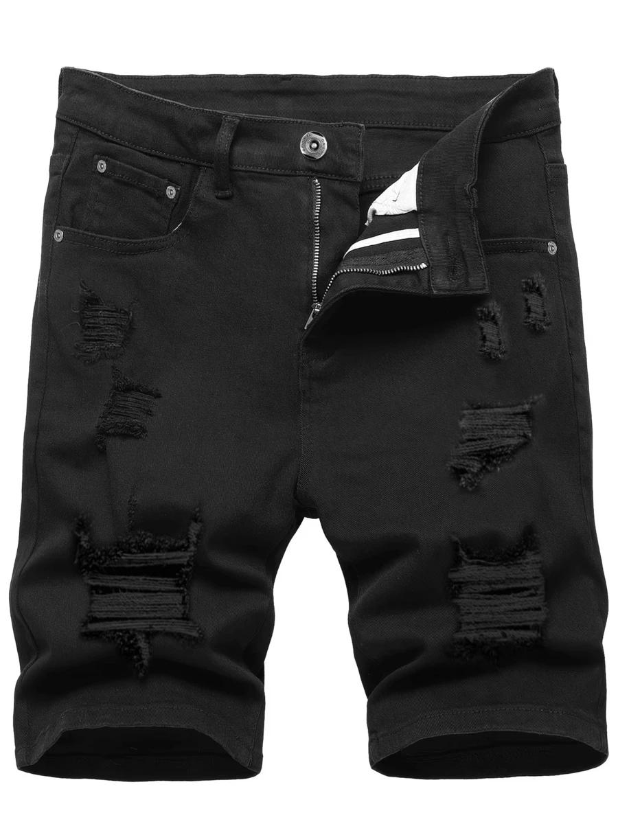 black men's black ripped slim-fit denim shorts