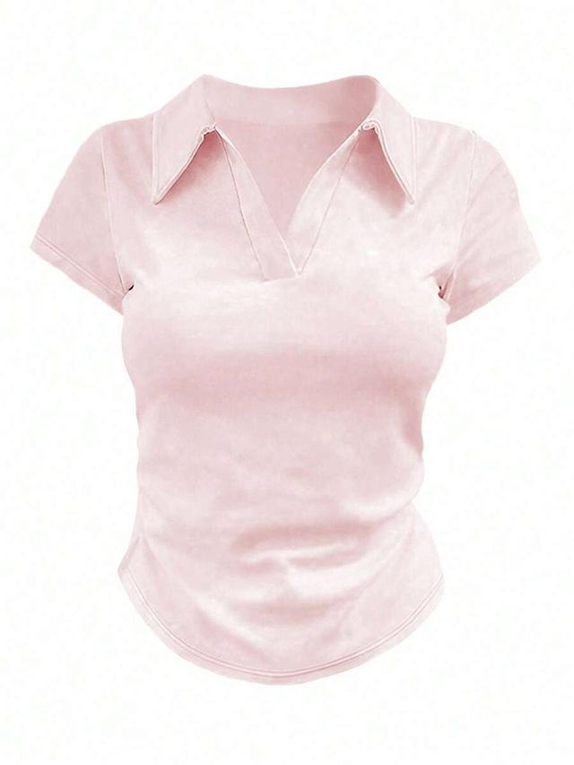pink three solid color short sleeve polo neck t-shirt