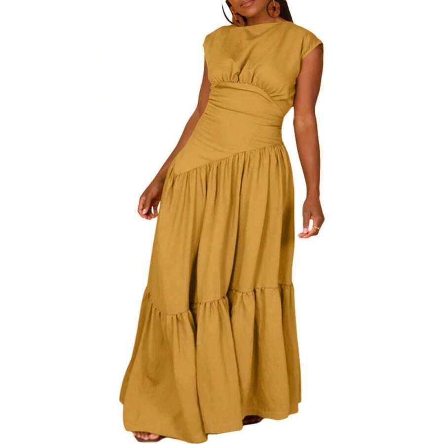 mustard yellow sleeveless linen blend tiered maxi dress