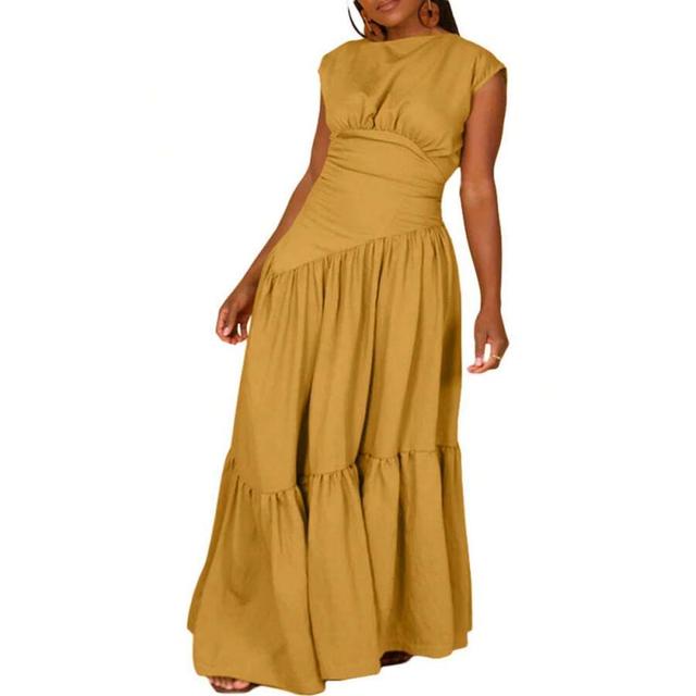 mustard yellow sleeveless linen blend tiered maxi dress