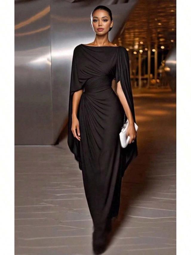black draped cape sleeve evening gown