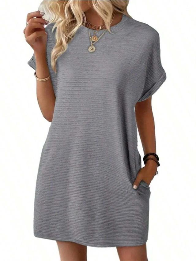 grey textured shift dress with pockets