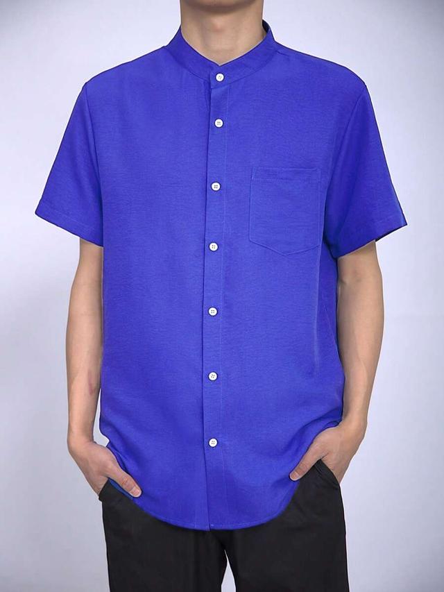 bright blue men's blue linen blend mandarin collar shirt