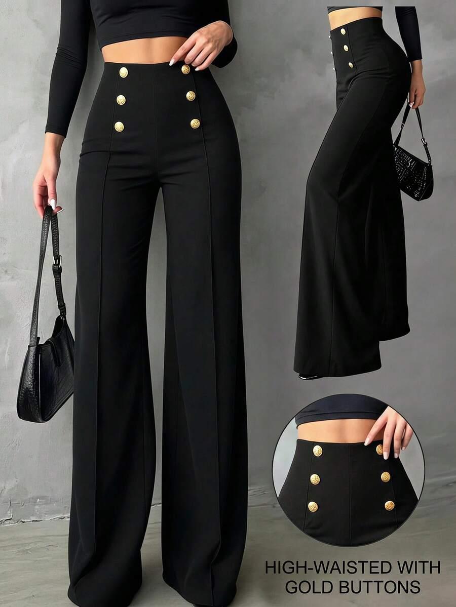 women's black elastic high-waisted wide leg trousers