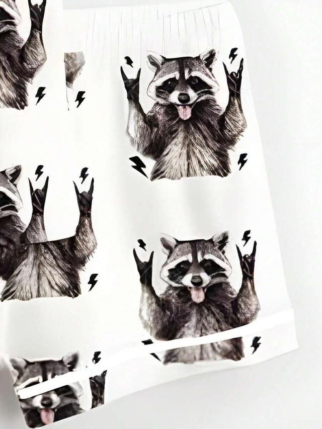 raccoon printed cream button up sleepwear set