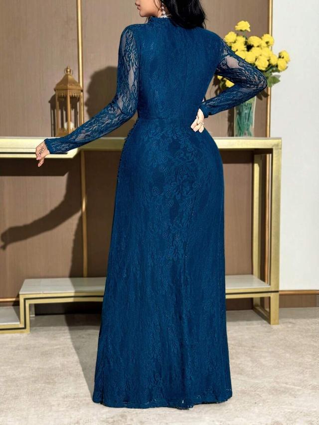 blue lace v-neck long sleeve cinched midi dress
