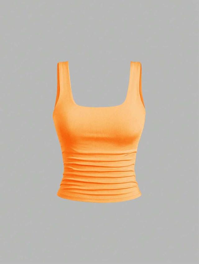 orange casual square neck pleated cami top