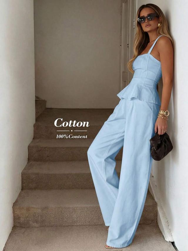 light blue linen camisole and wide leg trousers set