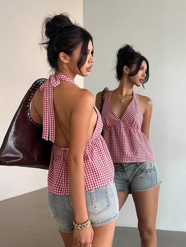 red and white plaid halter neck blouse