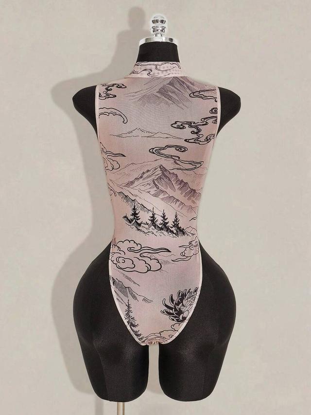 pink mountain dragon print sleeveless mesh bodysuit