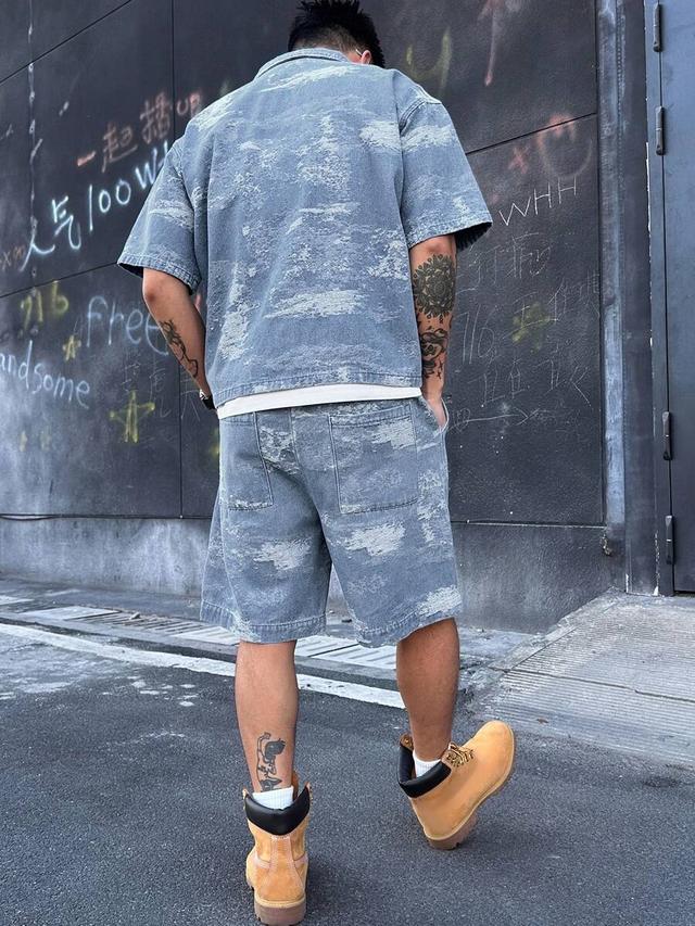 textured denim short sleeve shirt and shorts set