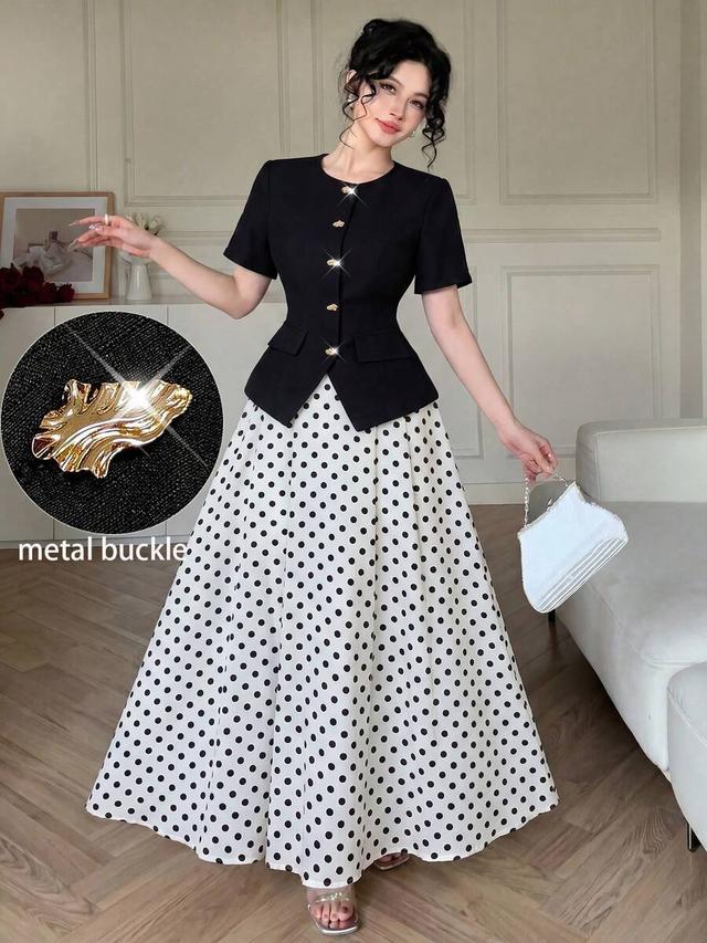 polka dot print high waisted midi skirt