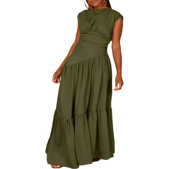olive green sleeveless linen blend tiered maxi dress