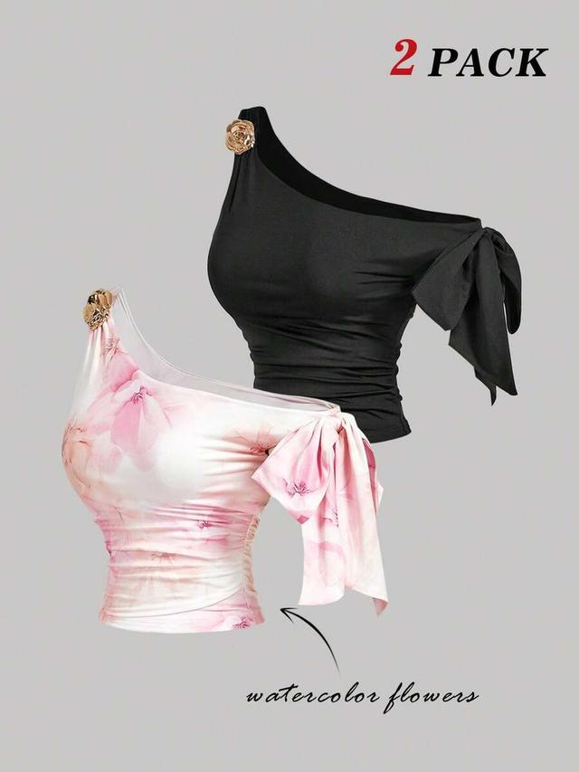 black floral print one-shoulder ruched fitted top