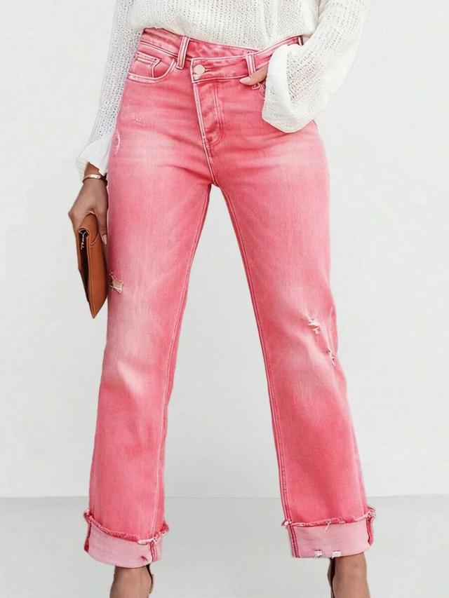 elegant pink straight-leg distressed denim jeans