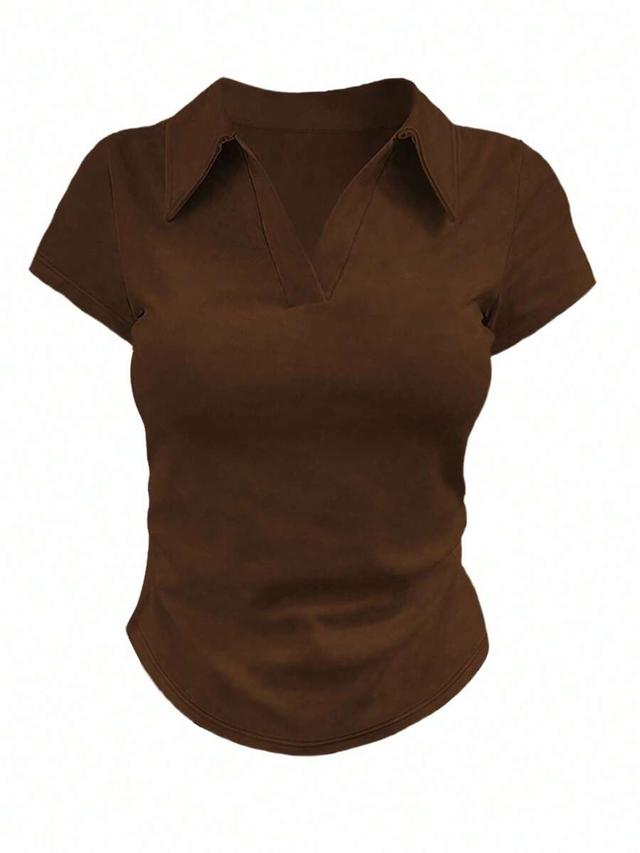 brown three solid color polo collar slim fit t-shirt