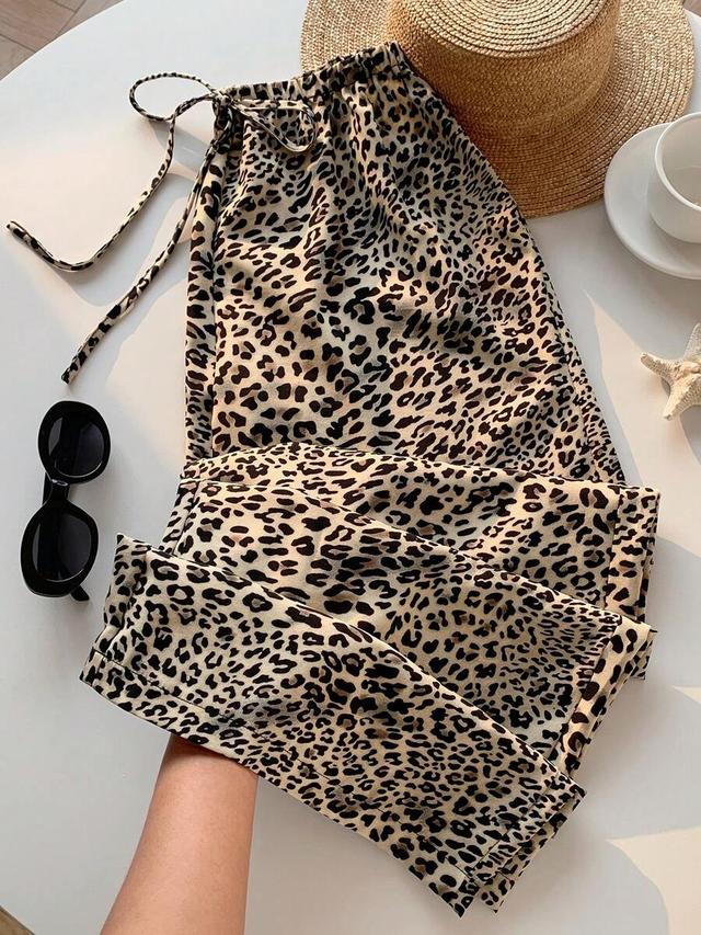 beige leopard leopard print woven wide leg drawstring trousers