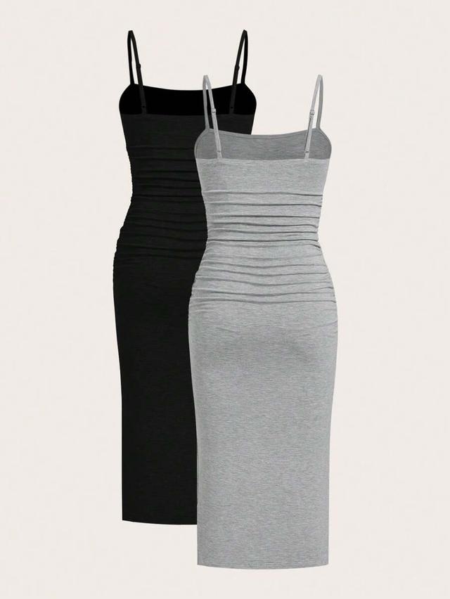 grey fitted ruched knit slip dress