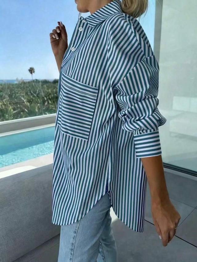 green stripe women's oversized long sleeve blue striped cotton shirt