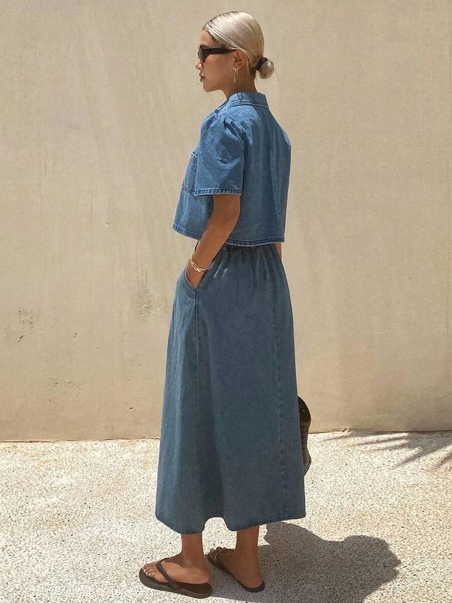 dazy women's single-breasted short sleeve denim top