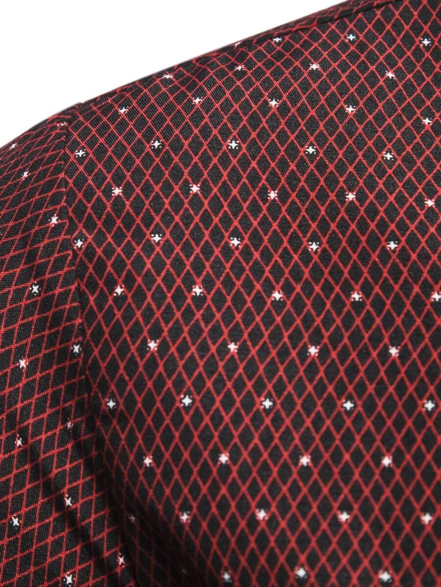 black red argyle print short sleeve button up shirt