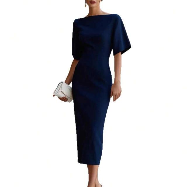navy boat neck midi dress with structured sleeves