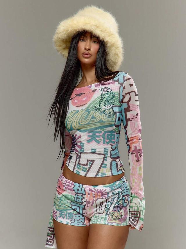 musera graphic printed mesh long sleeve hotfix embellished top