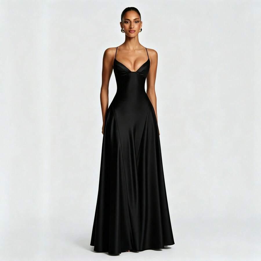 black satin floor length slip dress