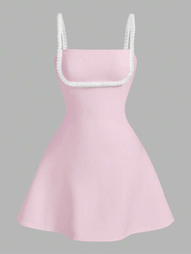 rose pearl chain embellished spaghetti strap dress