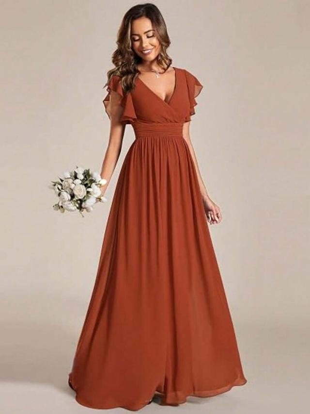 rust flutter sleeve chiffon maxi dress