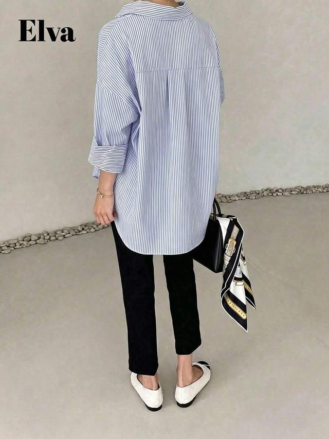elva women's blue striped long sleeve loose office shirt