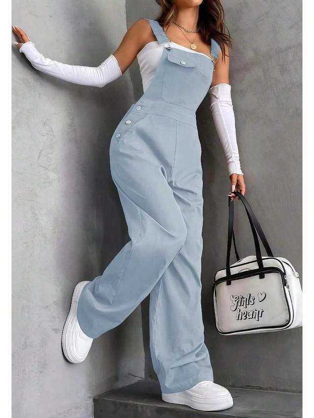 light blue high-waisted wide-leg y2k workwear overalls with side buttons
