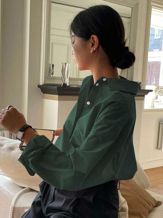 dazy women dark green single-breasted casual office shirt