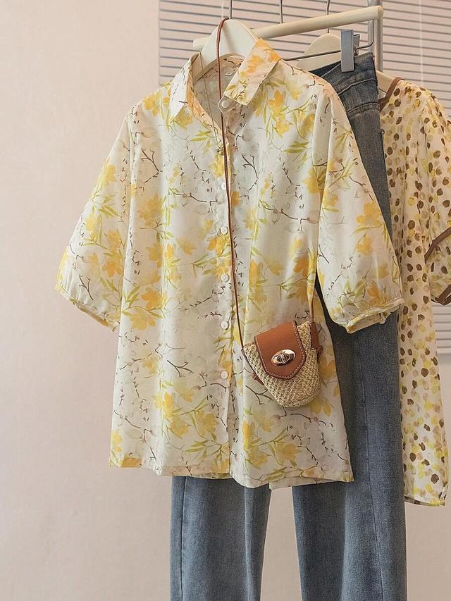 yellow dots french style yellow ditsy floral collared blouse