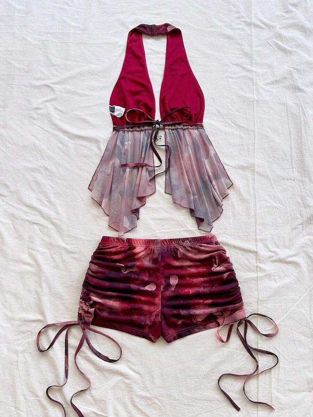 magenta tie-dye soleia dark purple tropical halter blouse and shorts set