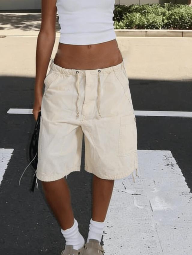 cream cargo shorts with elastic waist and pockets