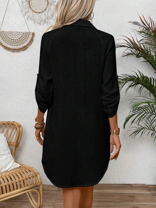 black solid color button front long sleeve dress