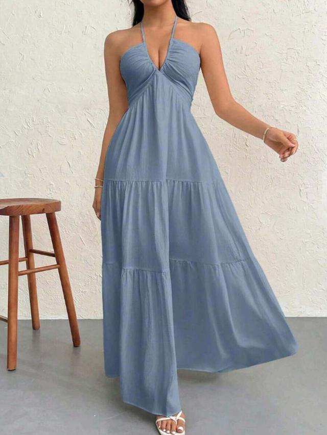 blue halter neck tiered maxi dress