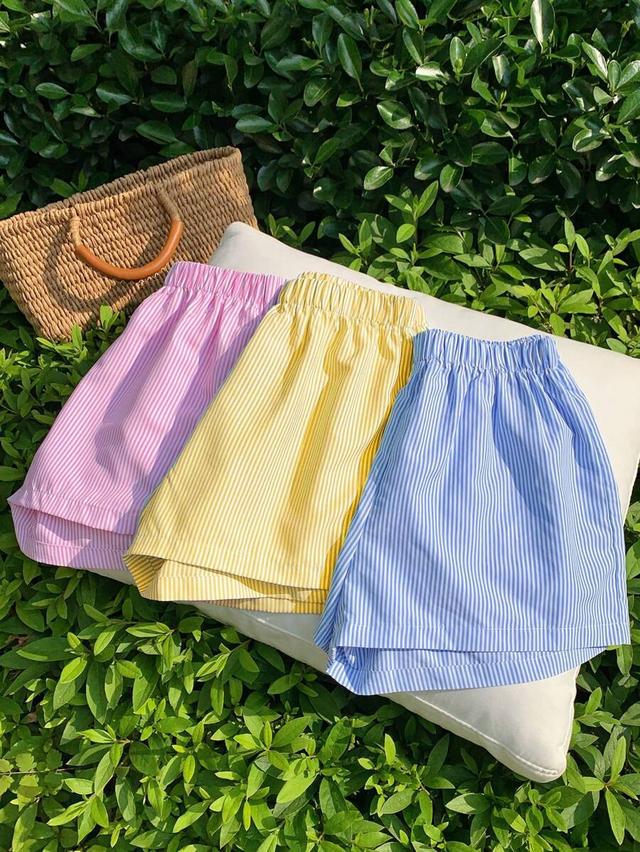 blue striped woven cotton shorts