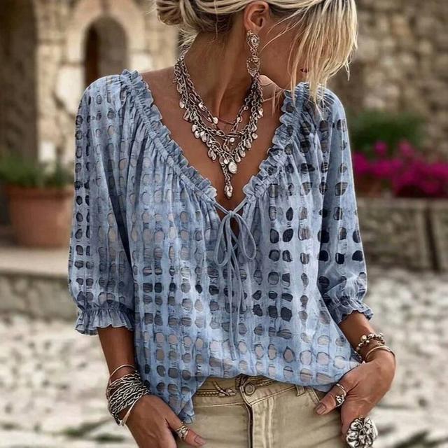 light blue elegant abstract geometric polka dot drawstring ruffle edge top