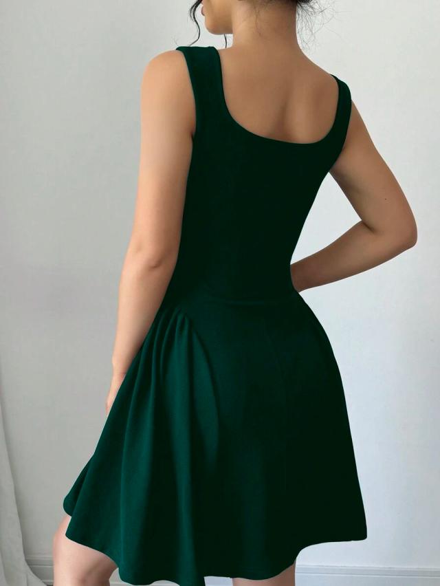 dark green square neck sleeveless a-line dress