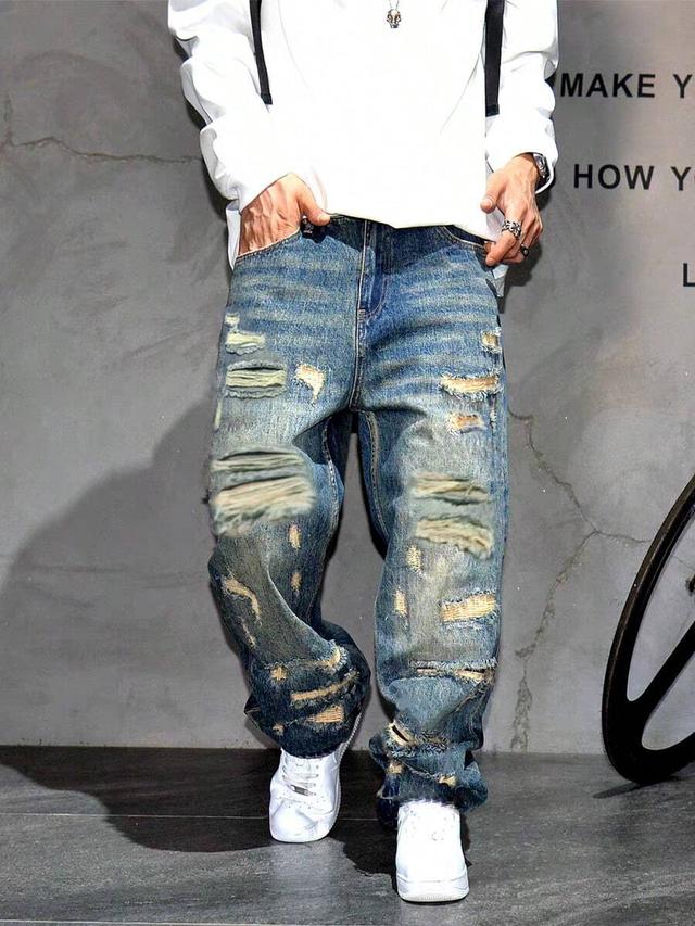 blue distressed baggy straight fit denim jeans