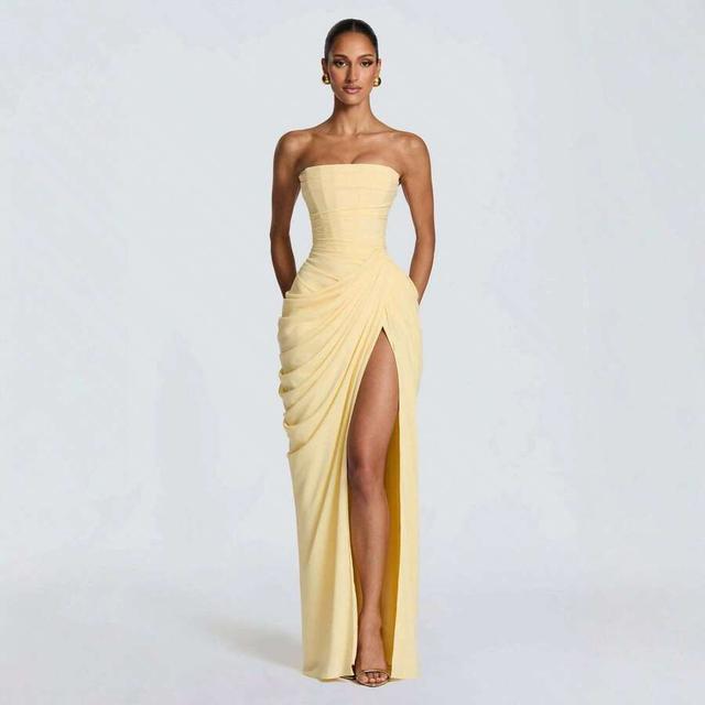 yellow strapless draped floor length evening gown