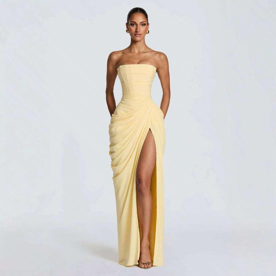 yellow strapless draped floor length evening gown