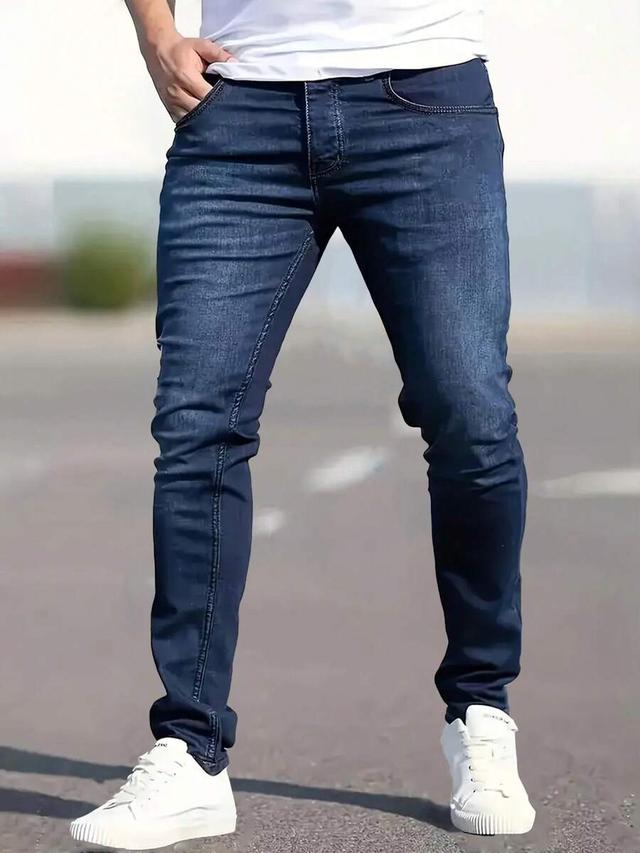 dark blue fashionable men's slim fit stretch denim jeans