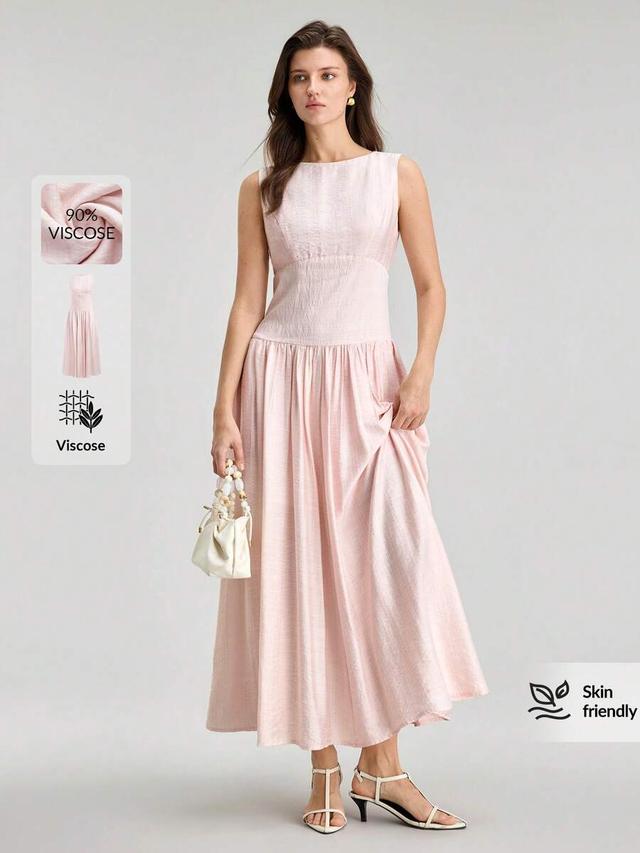 light pink ruched waist sleeveless tea dress