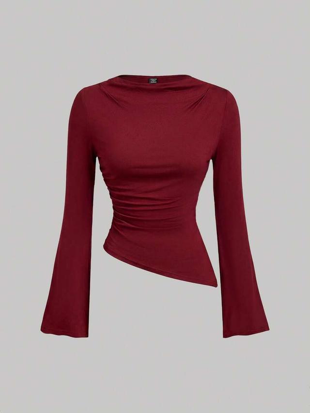 burgundy draped neck ruched long bell sleeve asymmetrical hem top
